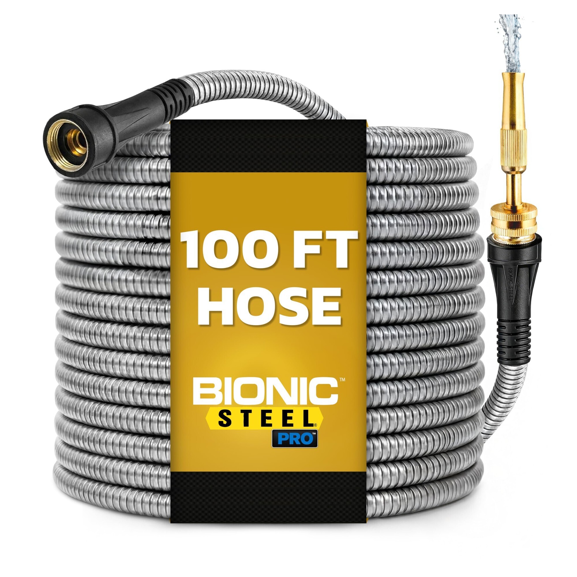 Bionic Steel PRO 100 Ft Garden Hose with Nozzle, Premium 304 Stainless Steel Metal Water Hose 100Ft Flexible Hose, Rust Proof, Lightweight, Heavy Duty, Crush Resistant Fittings, 500 PSI, 2026 Model